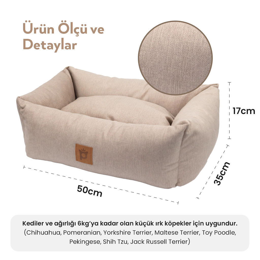 Petlebi Dikdörtgen Kedi ve Küçük Irk Köpek Yatağı 50x35x17cm (Bej) [S] — görsel 3