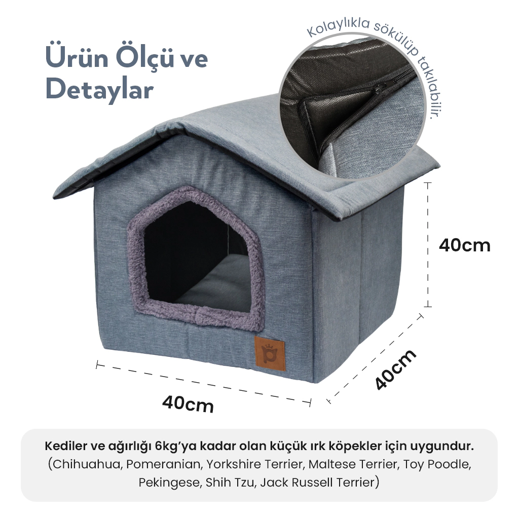 Petlebi Ev Modeli Kedi ve Küçük Irk Köpek Yatağı 40x40x40cm (Gri) — görsel 3