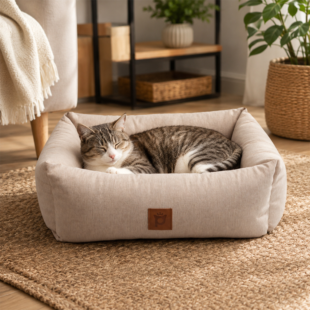 Petlebi Dikdörtgen Kedi ve Küçük Irk Köpek Yatağı 50x35x17cm (Bej) [S]