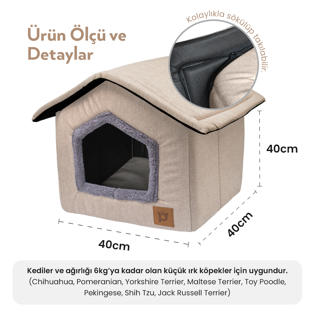 Petlebi Ev Modeli Kedi ve Küçük Irk Köpek Yatağı 40x40x40cm (Bej) — görsel 3
