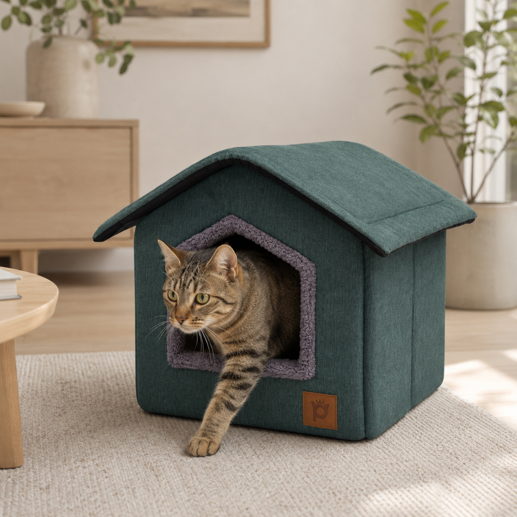 Petlebi Ev Modeli Kedi ve Küçük Irk Köpek Yatağı 40x40x40cm (Yeşil)