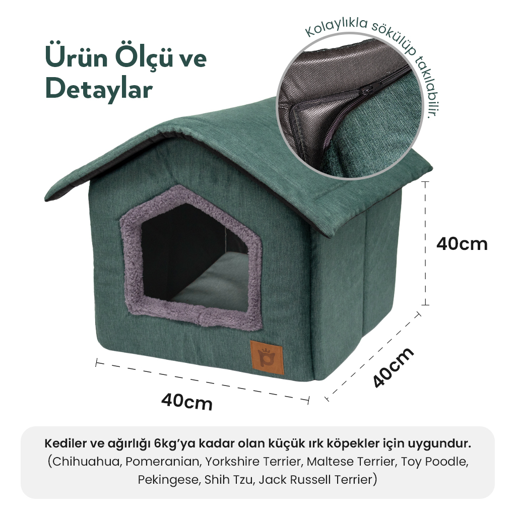 Petlebi Ev Modeli Kedi ve Küçük Irk Köpek Yatağı 40x40x40cm (Yeşil) — görsel 3