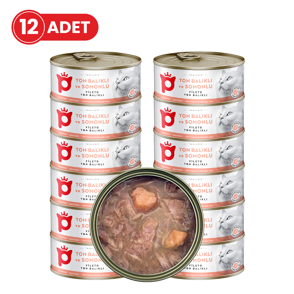 Petlebi Sos İçinde Fileto Taze Ton Balıklı ve Somonlu Kedi Konservesi 70gr (12 Adet)