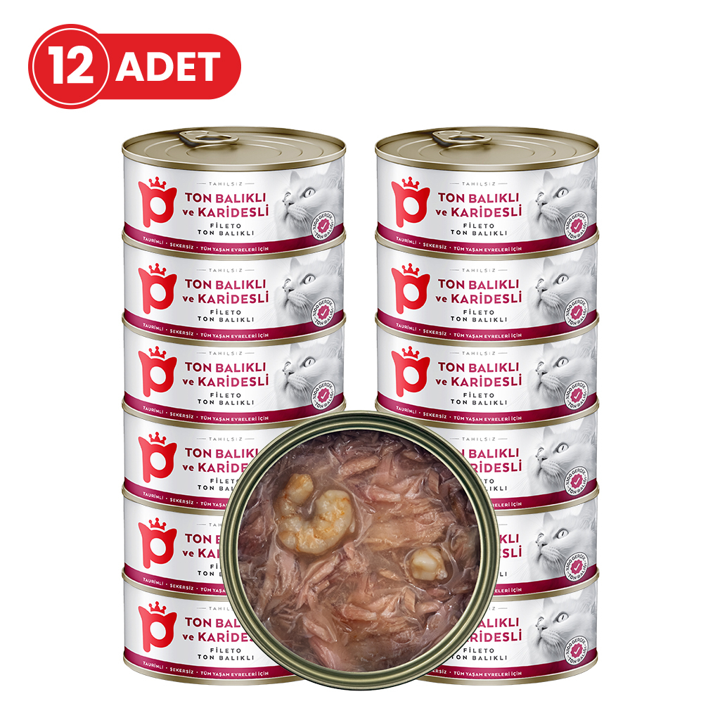 Petlebi Sos İçinde Fileto Taze Ton Balıklı ve Karidesli Kedi Konservesi 70gr (12 Adet)