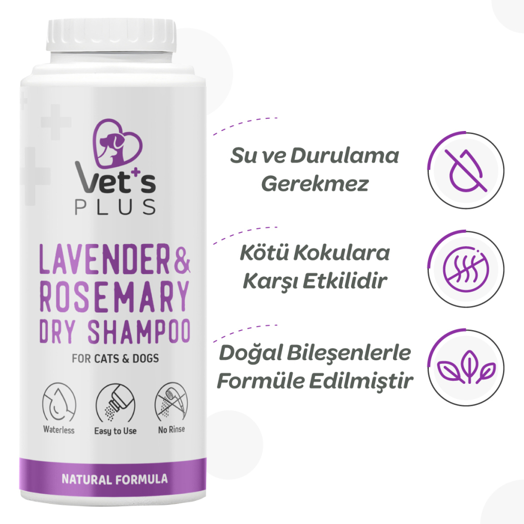 Vet's Plus Kedi ve Köpekler İçin Lavanta ve Biberiye Özlü Toz Şampuan 150gr — görsel 3