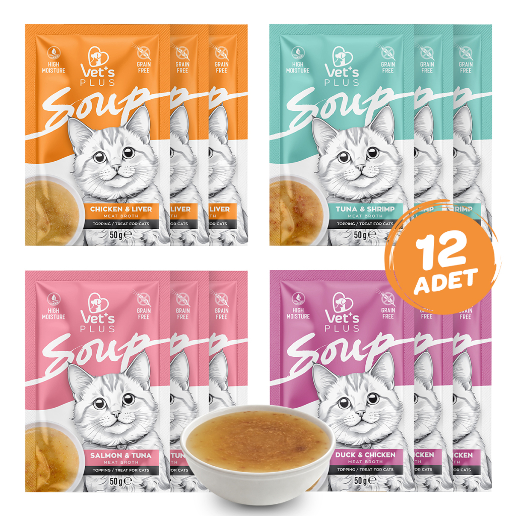 Vet's Plus Karışık Çeşitli Tahılsız Kedi Çorbası 50gr (12 Adet)