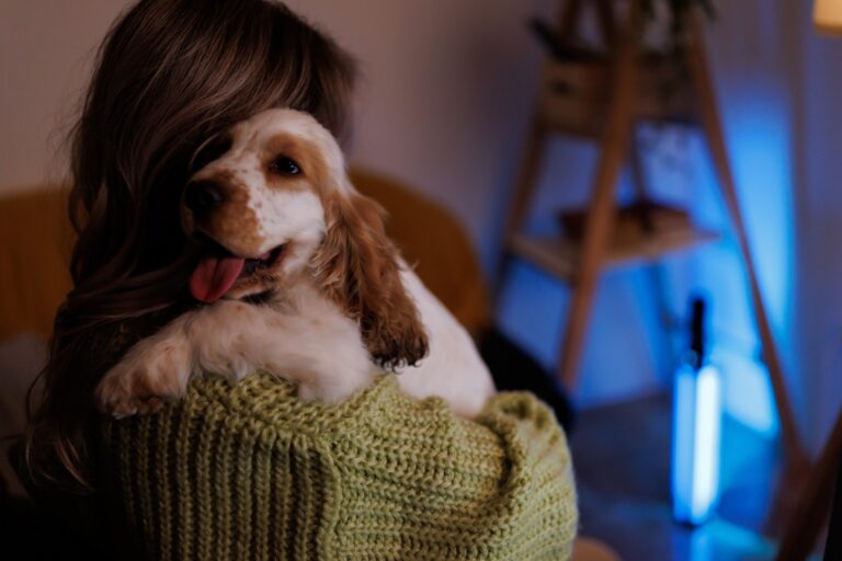 A puppy being held by a woman in a dark room.